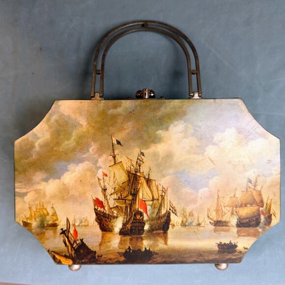 Vintage Other - Mid Century Nautical Wooden Purse Box w Metal Handle Vintage Sailing Ships Decor